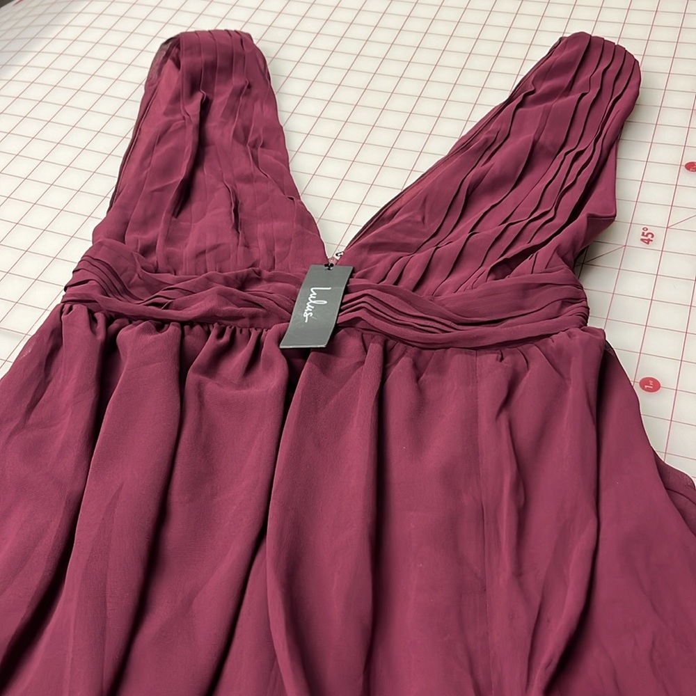 LULUS NWT Heavenly Hues Burgundy Evening/Bridesmaid V-Neck Goddess Maxi Dress M - Picture 11 of 16